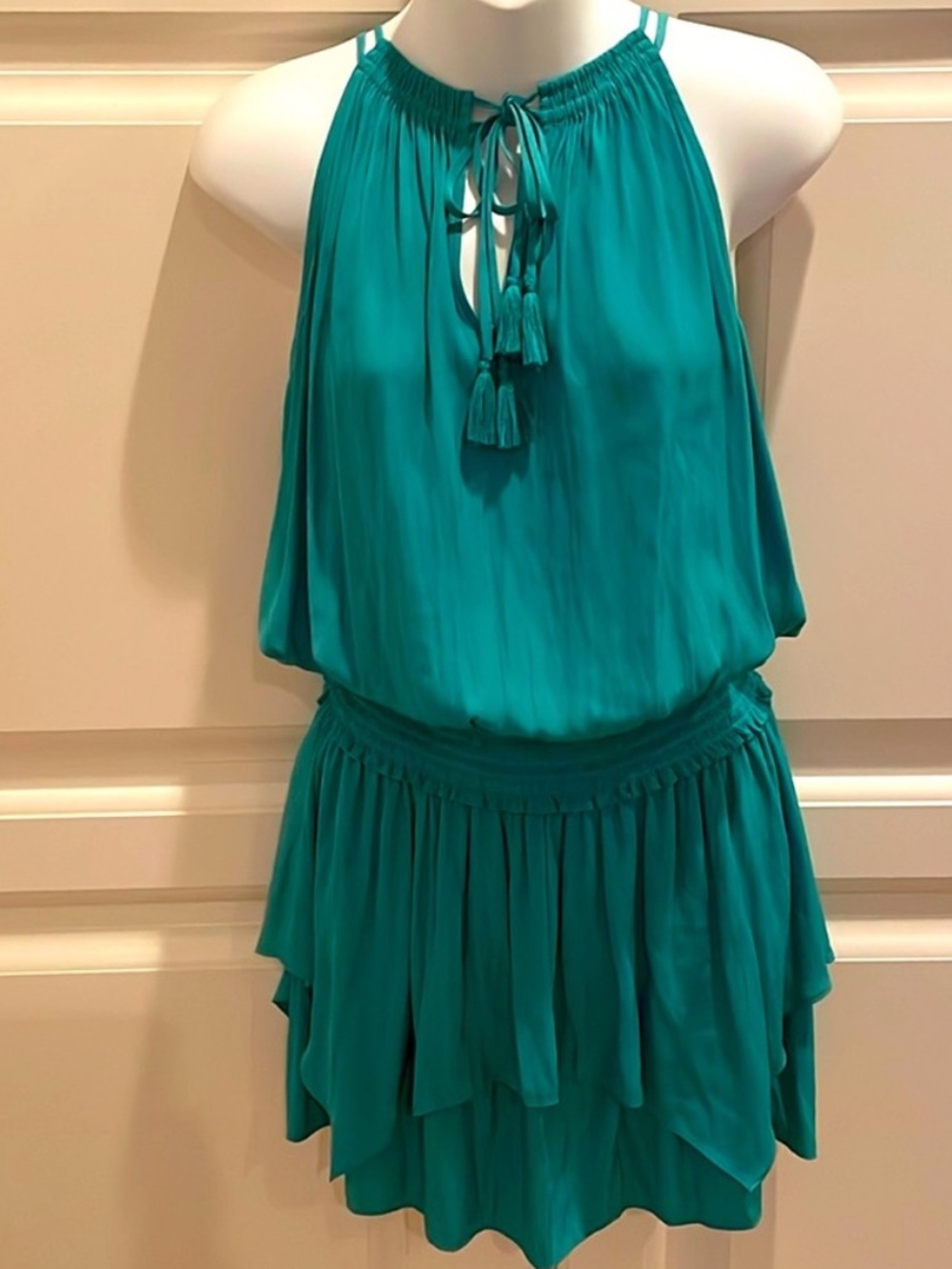 Ramy Brook Rubie Smocked Waist Tiered Mini Dress in Peacock